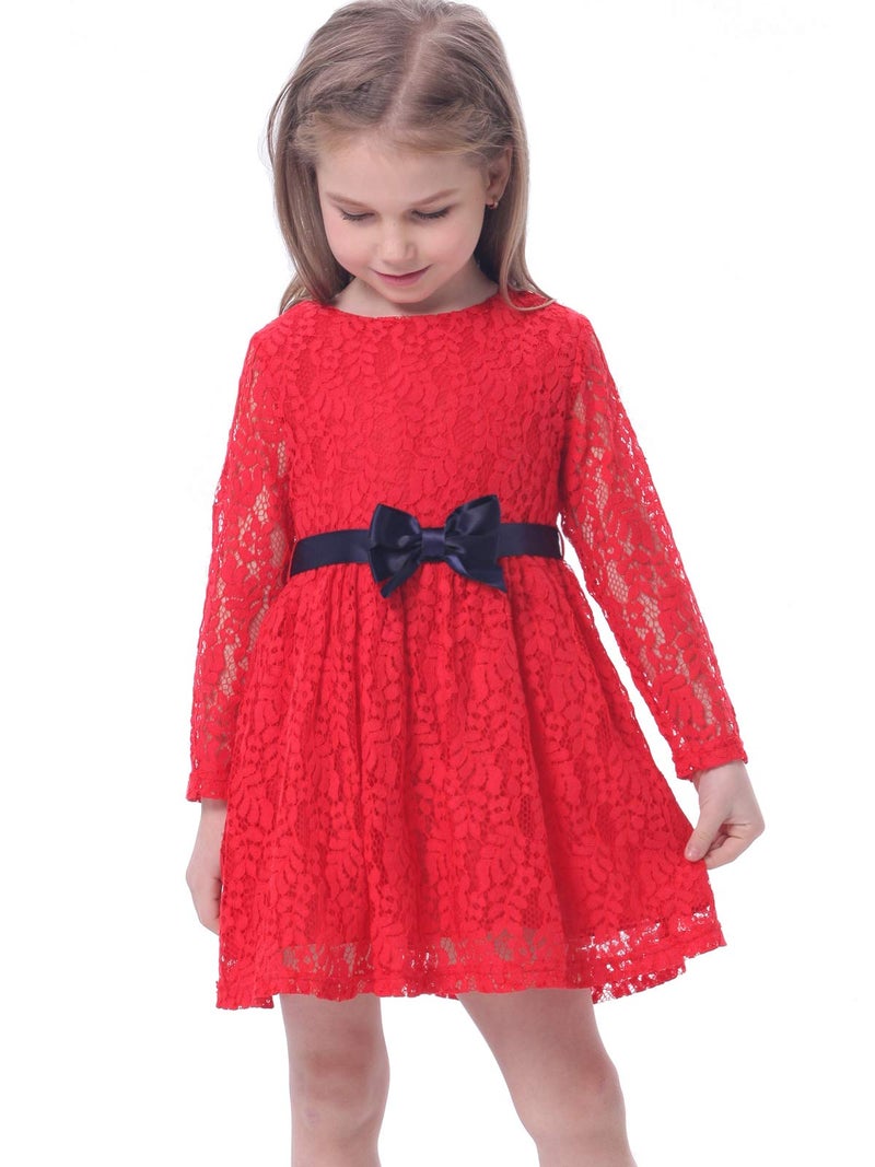 Bonny Billy Girls Long Sleeve Midi Lace Christmas Dress with Bow Sash 4-5 Years Red - Image 1